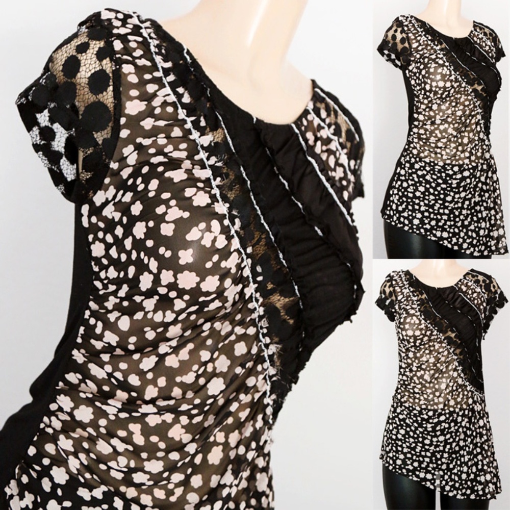 Black Taupe Mix Media Lace Asymmetric Tunic Top